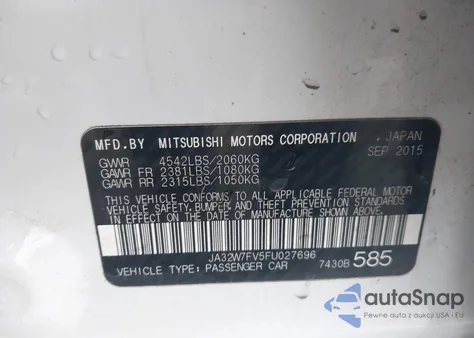 2015 Mitsubishi Lancer Evolution Final Edition z USA, uszkodzony, nr VIN JA32W7FV5FU027696